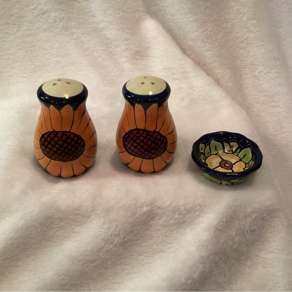 Floral Ceramic Salt and Pepper Shakers with Small Dish